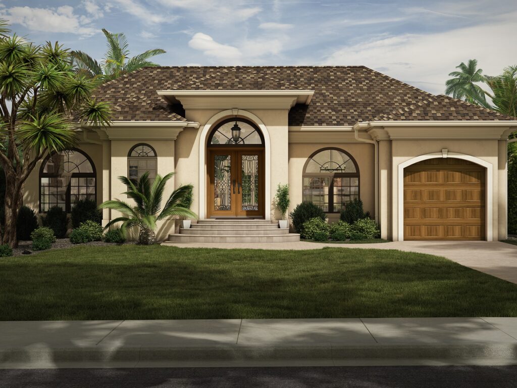Curbside view of luxury, west-coast style home with custom windows