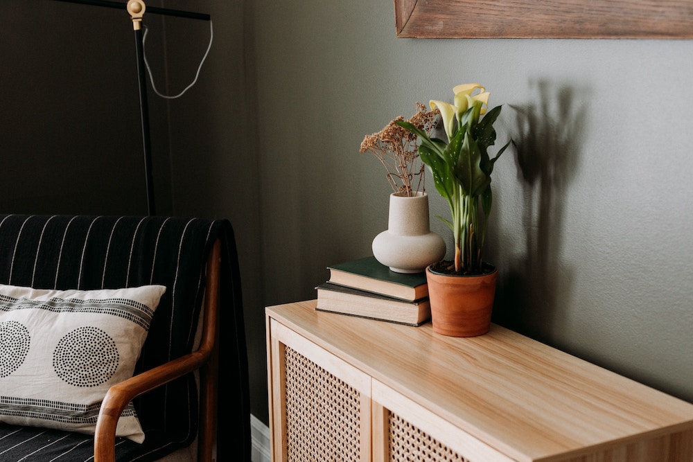 living room with wooden table and chairs